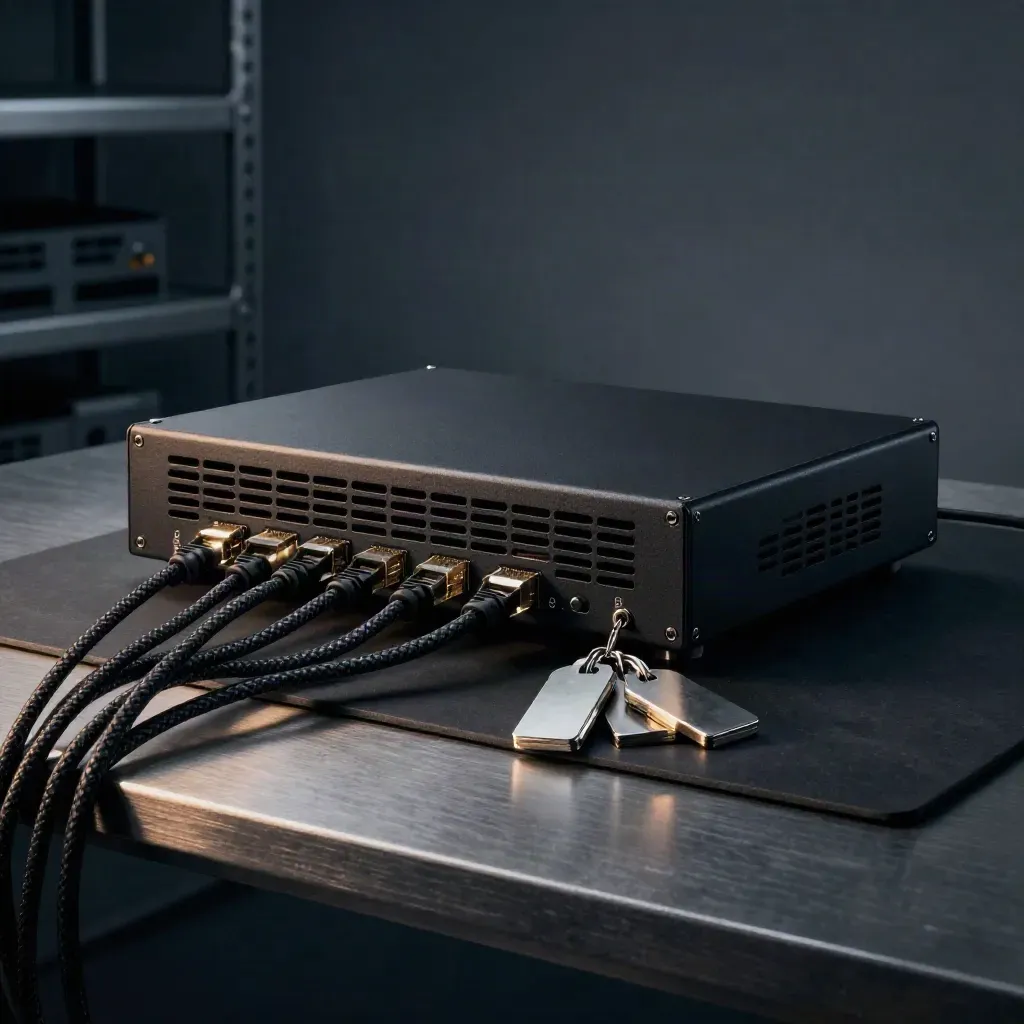 Matte-black execution gateway with braided ethernet leads and brushed-metal tokens on a dark studio surface.