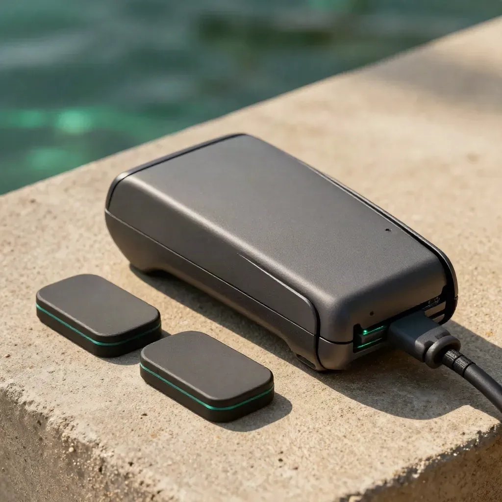 Matte payment terminal shell with two NFC pucks and a dark cable loop on warm concrete.