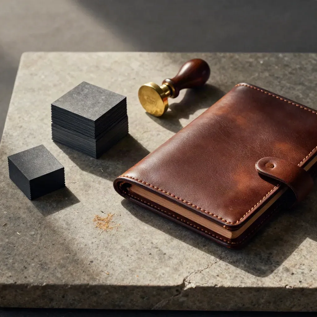 Overhead still life of graphite paperweights, brass seal, and leather portfolio on cool stone.