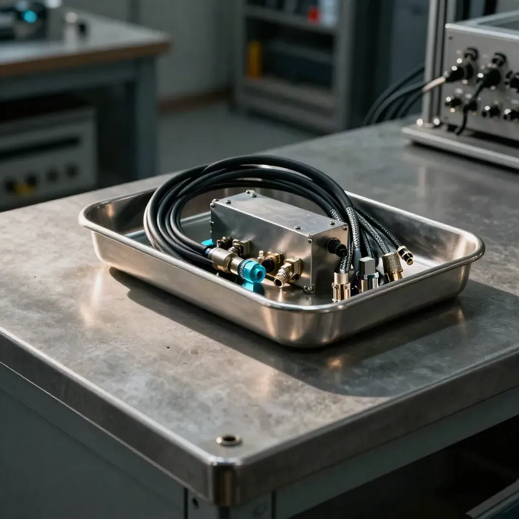 Industrial test bench still life with steel trays, patch leads, and an aluminum junction block on concrete.