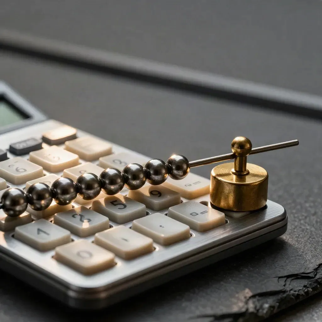 Macro still life of a bead rail, blank calculator keys, and brass weight on slate stone.