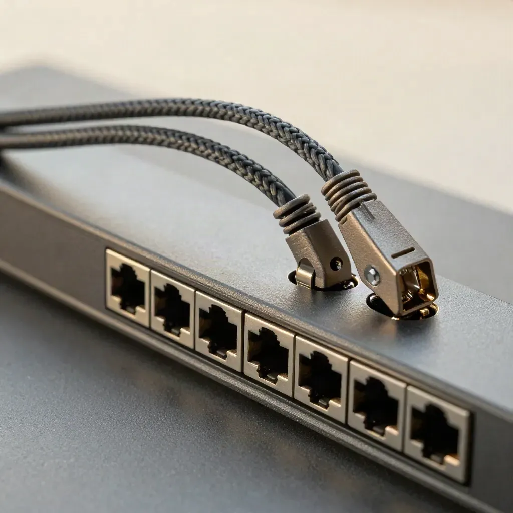 Top-down macro of a network switch module with braided patch leads on graphite surface