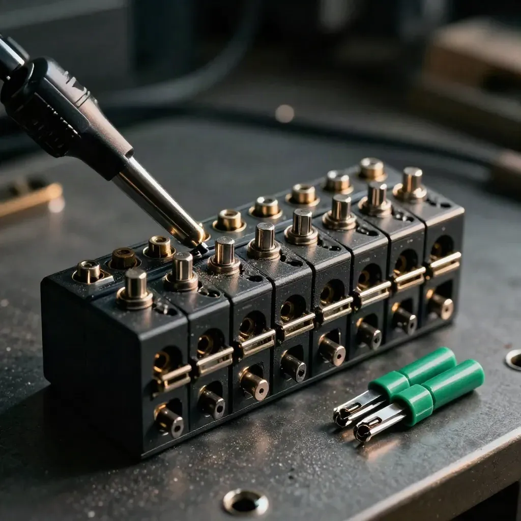 Relay block with toggles and jumper bridges on a graphite bench, lit by a hard emerald-tinted beam.