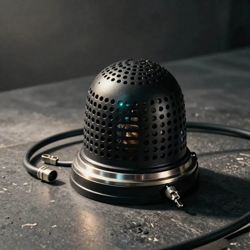 Perforated beacon housing with coiled cable and terminal clips on graphite, lit by hard upper-left light.