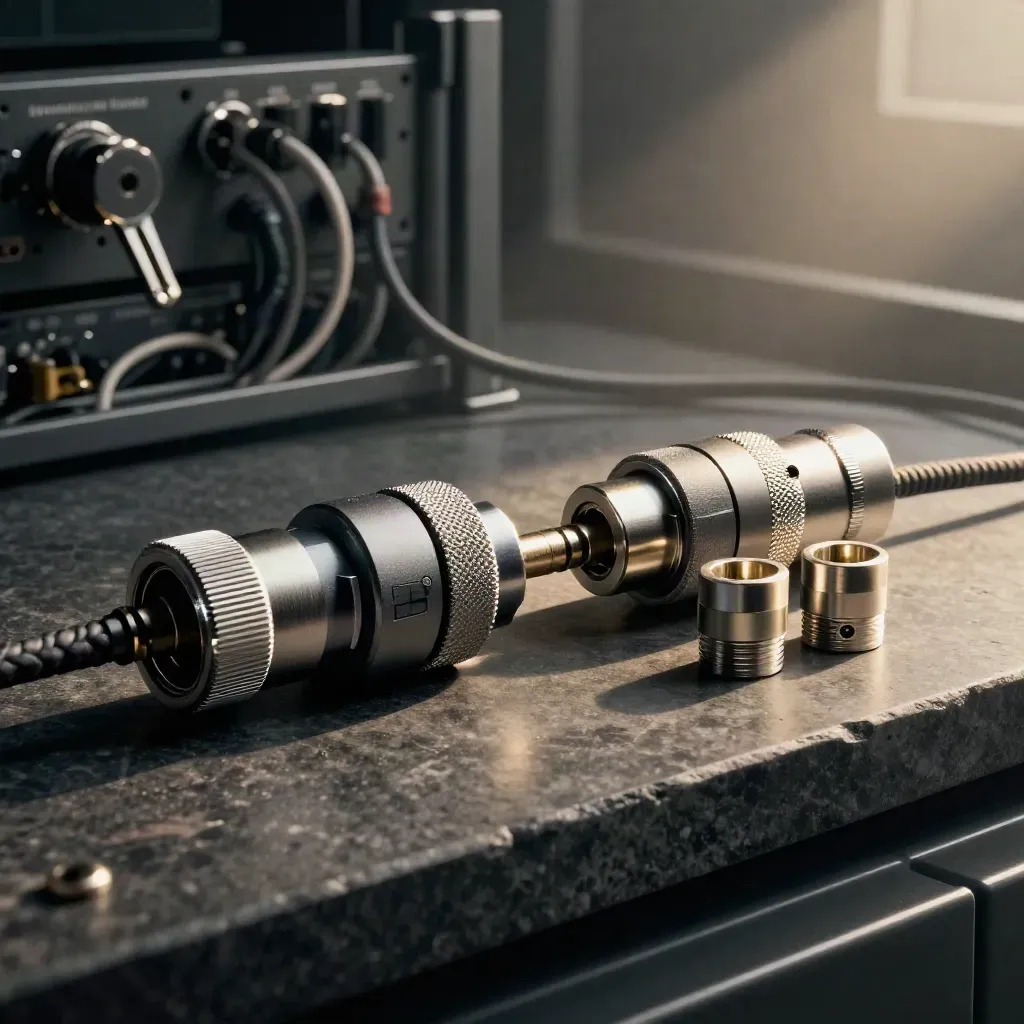 Precision couplers joined by a braided bridge cable on stone, with spare collars and soft directional light.