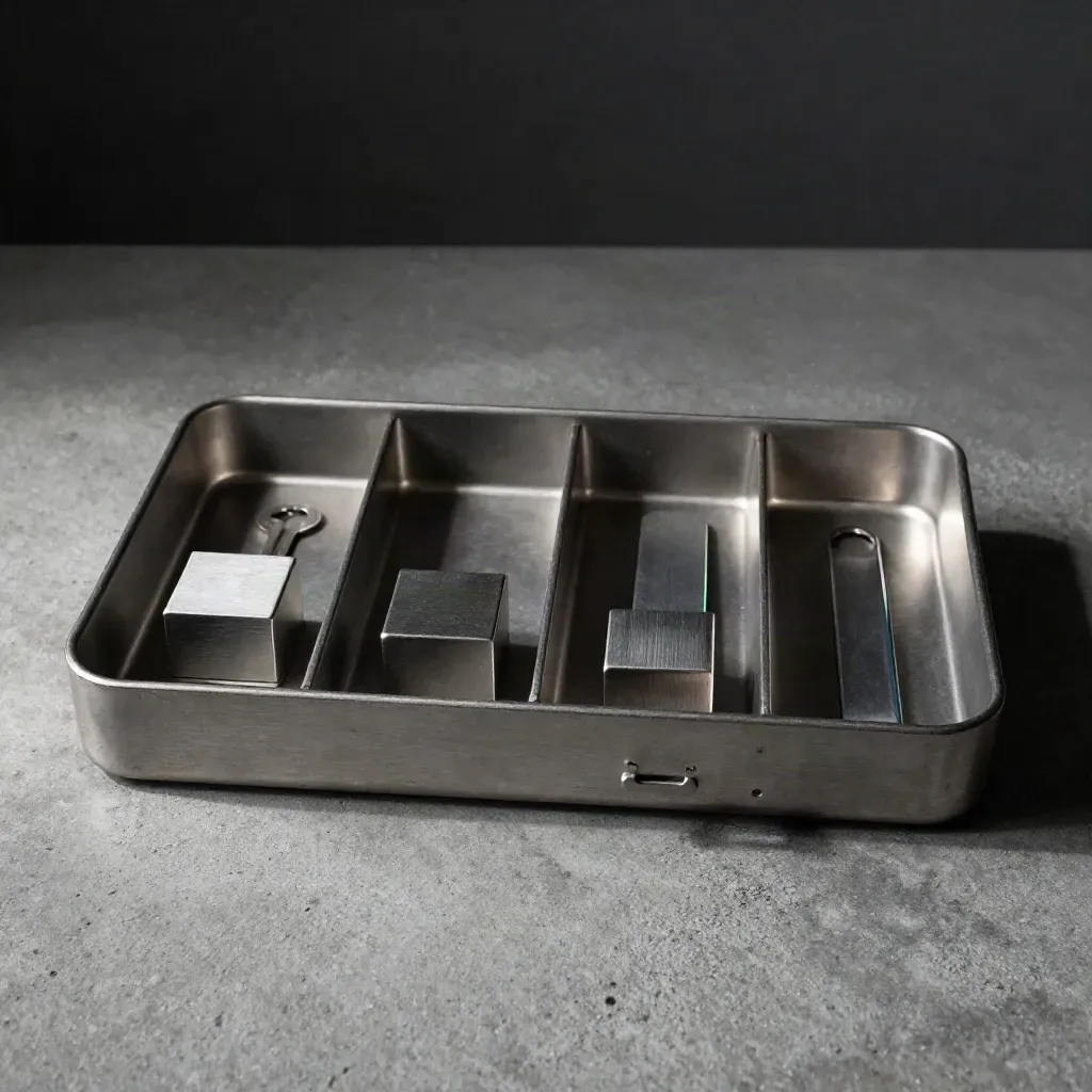 Graphite metal status tray, two paperweight blocks, and a brushed index rail on concrete.