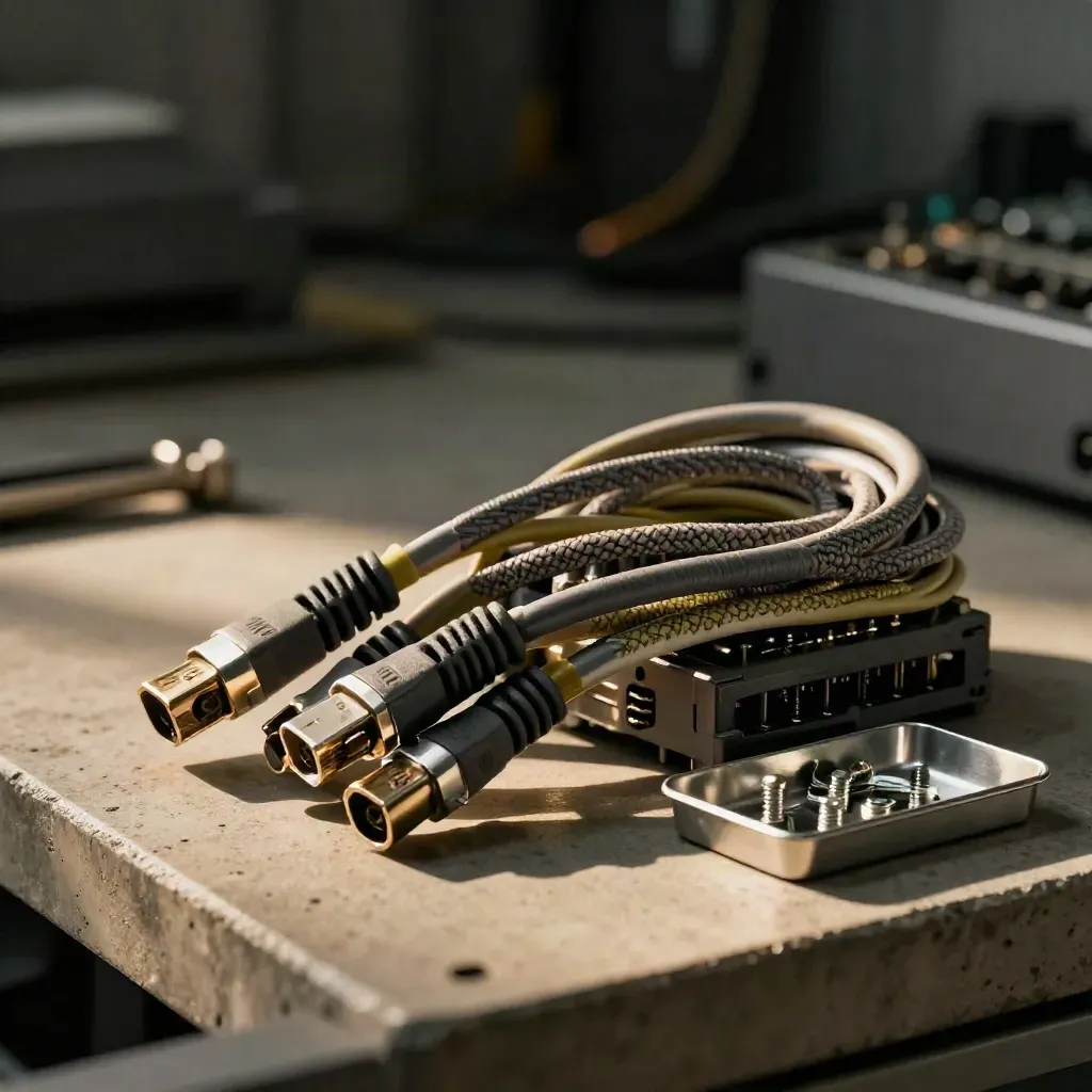 Braided patch cables, relay block and screw tray on a concrete bench in dark bokeh.