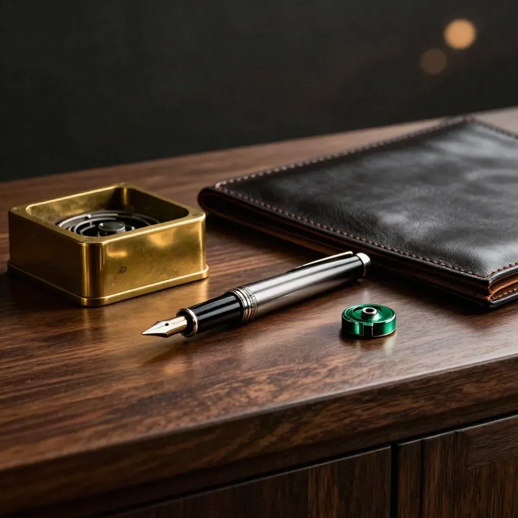 Brass paperweight, precision pen, leather pad, and emerald hardware token on a walnut surface.