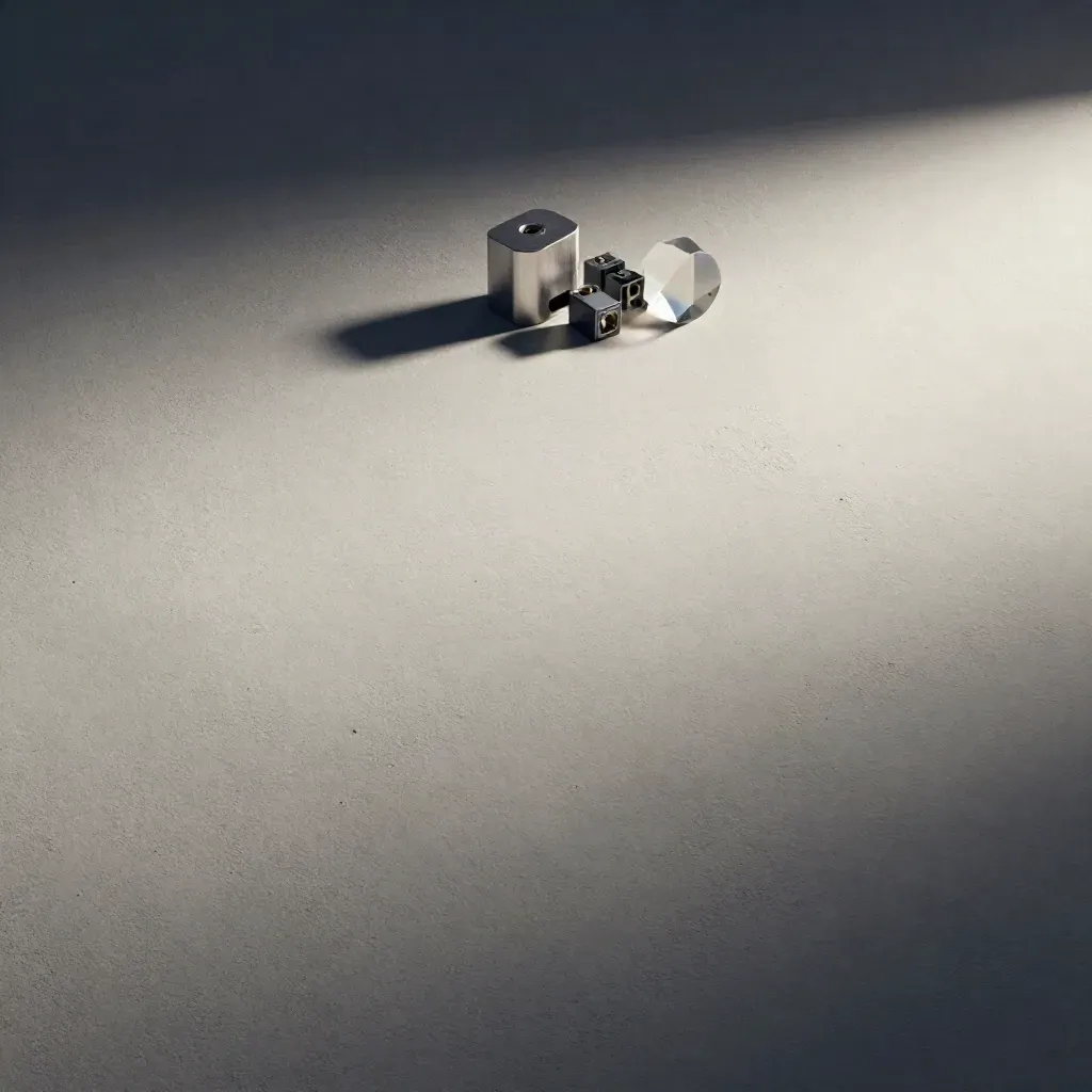 Neutral plaster pricing background with small brushed-metal API hardware in the upper third.